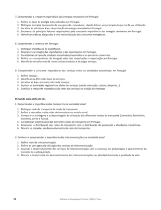 14 Editável e fotocopiável © Texto | HGP 6.o
Ano
7. Compreender a crescente importância das energias renováveis em Portugal
1. Referir os tipos de energia mais utilizados em Portugal.
2. Distinguir energias renováveis de energias não renováveis, dando ênfase aos principais impactes da sua utilização.
3. Localizar as principais áreas de produção de energia renovável em Portugal.
4. Enumerar os principais fatores responsáveis pela crescente importância das energias renováveis em Portugal.
5. Identificar práticas adequadas a uma racionalização dos consumos energéticos.
8. Compreender o comércio em Portugal
1. Distinguir importação de exportação.
2. Descrever a evolução das importações e das exportações em Portugal.
3. Caracterizar os tipos de produtos importados/exportados e os parceiros comerciais.
4. Referir as consequências do desigual valor das importações e exportações em Portugal.
5. Identificar novas formas de comercializar produtos e de pagar serviços.
9. Compreender a crescente importância dos serviços entre as atividades económicas em Portugal
1. Definir serviços.
2. Identificar os diferentes tipos de serviços.
3. Localizar as áreas de maior oferta de serviços.
4. Explicar os contrastes regionais na oferta de serviços (saúde, educação, cultura, desporto…).
5. Justificar a crescente importância do setor dos serviços na criação de emprego.
O mundo mais perto de nós
1. Compreender a importância dos transportes na sociedade atual
1. Distinguir rede de transporte de modo de transporte.
2. Referir a importância das redes de transporte no mundo atual.
3. Comparar as vantagens e as desvantagens da utilização dos diferentes modos de transporte (rodoviário, ferroviário,
marítimo, aéreo e fluvial).
4. Caracterizar a distribuição das diferentes redes de transporte em Portugal.
5. Relacionar a distribuição das redes de transporte com a distribuição da população e atividades económicas.
6. Discutir os impactes do desenvolvimento da rede de transportes.
2. Conhecer e compreender a importância das telecomunicações na sociedade atual
1. Definir rede de telecomunicação.
2. Referir as vantagens da utilização dos serviços de telecomunicação.
3. Associar o desenvolvimento dos serviços de telecomunicação com o processo de globalização e aparecimento do
conceito de «aldeia global».
4. Discutir a importância do desenvolvimento das telecomunicações nas atividade humanas e qualidade de vida.
 