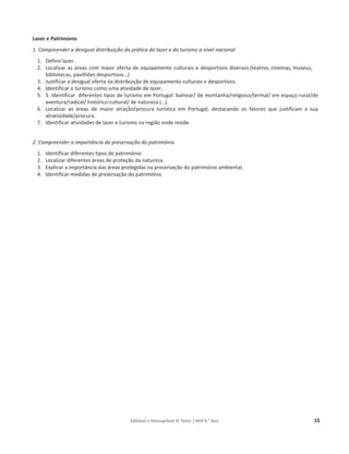 Editável e fotocopiável © Texto | HGP 6.o
Ano 15
Lazer e Património
1. Compreender a desigual distribuição da prática do lazer e do turismo a nível nacional
1. Definir lazer.
2. Localizar as áreas com maior oferta de equipamento culturais e desportivos diversos (teatros, cinemas, museus,
bibliotecas, pavilhões desportivos…)
3. Justificar a desigual oferta na distribuição de equipamento culturais e desportivos.
4. Identificar o turismo como uma atividade de lazer.
5. 5. Identificar diferentes tipos de turismo em Portugal: balnear/ de montanha/religioso/termal/ em espaço rural/de
aventura/radical/ histórico-cultural/ de natureza (…).
6. Localizar as áreas de maior atração/procura turística em Portugal, destacando os fatores que justificam a sua
atratividade/procura.
7. Identificar atividades de lazer e turismo na região onde reside.
2. Compreender a importância da preservação do património
1. Identificar diferentes tipos de património.
2. Localizar diferentes áreas de proteção da natureza.
3. Explicar a importância das áreas protegidas na preservação do património ambiental.
4. Identificar medidas de preservação do património.
 