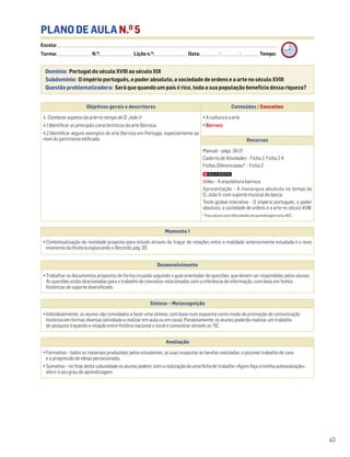 PLANO DE AULA N.O
5
Escola: ______________________________________________________________________________________________________________________________________________________________________
Turma: _________________________ N.O
: ________________________ Lição n.O
: ________________________ Data: _____________/_____________/_____________ Tempo:
Momento 1
• Contextualização da realidade proposta para estudo através do traçar de relações entre a realidade anteriormente estudada e o novo
momento da História explorando o Recordo, pág. 20.
Desenvolvimento
• Trabalhar os documentos propostos de forma cruzada seguindo o guia orientador de questões, que devem ser respondidas pelos alunos.
As questões estão direcionadas para o trabalho de conceitos relacionados com a inferência de informação, com base em fontes
históricas de suporte diversificado.
Avaliação
• Formativa – todos os materiais produzidos pelos estudantes, as suas respostas às tarefas realizadas, o possível trabalho de casa
e a progressão de ideias percecionada.
• Sumativa – no final desta subunidade os alunos podem, com a realização de uma ficha de trabalho «Agora faço a minha autoavaliação»,
aferir o seu grau de aprendizagem.
Síntese – Metacognição
• Individualmente, os alunos são convidados a fazer uma síntese, com base num esquema como modo de promoção de comunicação
histórica em formas diversas (atividade a realizar em aula ou em casa). Paralelamente, os alunos poderão realizar um trabalho
de pesquisa traçando a relação entre história nacional e local e comunicar através as TIC.
Domínio: Portugal do século XVIII ao século XIX
Subdomínio: O império português, o poder absoluto, a sociedade de ordens e a arte no século XVIII
Questão problematizadora: Será que quando um país é rico, toda a sua população beneficia dessa riqueza?
43
Objetivos gerais e descritores Conteúdos / Conceitos
4. Conhecer aspetos da arte no tempo de D. João V
4.1 Identificar as principais características da arte Barroca.
4.2 Identificar alguns exemplos de arte Barroca em Portugal, especialmente ao
nível do património edificado.
• A cultura e a arte
• Barroco
Recursos
Manual – págs. 20-21
Caderno de Atividades – Ficha 2, Ficha 2 A
Fichas Diferenciadas* – Ficha 2
Vídeo – A arquitetura barroca.
Apresentação – A monarquia absoluta no tempo de
D. João V, com suporte musical da época.
Teste global interativo – O império português, o poder
absoluto, a sociedade de ordens e a arte no século XVIII.
* Para alunos com dificuldades de aprendizagem e/ou NEE.
 