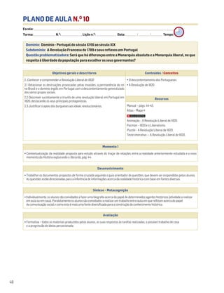 PLANO DE AULA N.O
10
Escola: ______________________________________________________________________________________________________________________________________________________________________
Turma: _________________________ N.O
: ________________________ Lição n.O
: ________________________ Data: _____________/_____________/_____________ Tempo:
Momento 1
• Contextualização da realidade proposta para estudo através do traçar de relações entre a realidade anteriormente estudada e o novo
momento da História explorando o Recordo, pág. 44.
Desenvolvimento
• Trabalhar os documentos propostos de forma cruzada seguindo o guia orientador de questões, que devem ser respondidas pelos alunos.
As questões estão direcionadas para a inferência de informações acerca da realidade histórica com base em fontes diversas.
Avaliação
• Formativa – todos os materiais produzidos pelos alunos, as suas respostas às tarefas realizadas, o possível trabalho de casa
e a progressão de ideias percecionada.
Síntese – Metacognição
•Individualmente,osalunossãoconvidadosafazerumabiografiaacercadopapeldedeterminadosagenteshistóricos(atividadea realizar
emaulaouemcasa).Paralelamenteosalunossãoconvidadosarealizarumtrabalhoextra-aulaemquereflitamacercadopapel
dacomunicaçãosocialecomoestaémaisumafontediversificadaparaaconstruçãodoconhecimentohistórico.
Domínio: Domínio - Portugal do século XVIII ao século XIX
Subdomínio: A Revolução Francesa de 1789 e seus reflexos em Portugal
Questão problematizadora: Será que há diferenças entre a Monarquia absoluta e a Monarquia liberal, no que
respeita à liberdade da população para escolher os seus governantes?
48
Objetivos gerais e descritores Conteúdos / Conceitos
2. Conhecer e compreender a Revolução Liberal de 1820
2.1 Relacionar as destruições provocadas pelas invasões, a permanência do rei
no Brasil e o domínio inglês em Portugal com o descontentamento generalizado
dos vários grupos sociais.
2.2 Descrever sucintamente o triunfo de uma revolução liberal em Portugal em
1820, destacando os seus principais protagonistas.
2.3 Justificar o apoio dos burgueses aos ideais revolucionários.
• O descontentamento dos Portugueses
• A Revolução de 1820
Recursos
Manual – págs. 44-45
Atlas – Mapa 4
Animação – A Revolução Liberal de 1820.
Pacman – 1820 e o Liberalismo.
Puzzle – A Revolução Liberal de 1820.
Teste interativo — A Revolução Liberal de 1820.
 