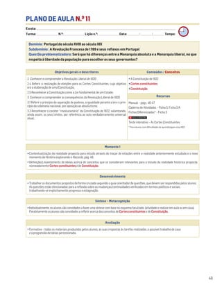 PLANO DE AULA N.O
11
Escola: ______________________________________________________________________________________________________________________________________________________________________
Turma: _________________________ N.O
: ________________________ Lição n.O
: ________________________ Data: _____________/_____________/_____________ Tempo:
Desenvolvimento
• Trabalhar os documentos propostos de forma cruzada seguindo o guia orientador de questões, que devem ser respondidas pelos alunos.
As questões estão direcionadas para a reflexão sobre as mudanças/continuidades verificadas em termos políticos e sociais,
trabalhando-se implicitamente progresso e estagnação.
Avaliação
• Formativa – todos os materiais produzidos pelos alunos, as suas respostas às tarefas realizadas, o possível trabalho de casa
e a progressão de ideias percecionada.
Síntese – Metacognição
•Individualmente,osalunossãoconvidadosafazerumasíntesecombasenoesquemafacultado.(atividadearealizaremaulaouemcasa).
ParalelamenteosalunossãoconvidadosarefletiracercadosconceitosdeCortesconstituintesedeConstituição.
Domínio: Portugal do século XVIII ao século XIX
Subdomínio: A Revolução Francesa de 1789 e seus reflexos em Portugal
Questão problematizadora: Será que há diferenças entre a Monarquia absoluta e a Monarquia liberal, no que
respeita à liberdade da população para escolher os seus governantes?
49
Objetivos gerais e descritores Conteúdos / Conceitos
2. Conhecer e compreender a Revolução Liberal de 1820
2.4 Referir a realização de eleições para as Cortes Constituintes, cujo objetivo
era a elaboração de uma Constituição.
2.5 Reconhecer a Constituição como a Lei fundamental de um Estado.
3. Conhecer e compreender as consequências da Revolução Liberal de 1820
3.1 Referir o princípio da separação de poderes, a igualdade perante a lei e o prin-
cípio da soberania nacional, por oposição ao absolutismo.
3.2 Reconhecer o caráter “revolucionário” da Constituição de 1822, salientando,
ainda assim, os seus limites, por referência ao voto verdadeiramente universal
atual.
• A Constituição de 1822
• Cortes constituintes
• Constituição
Recursos
Manual – págs. 46-47
Caderno de Atividades – Ficha 5, Ficha 5 A
Fichas Diferenciadas* – Ficha 5
Teste interativo – As Cortes Constituintes
* Para alunos com dificuldades de aprendizagem e/ou NEE.
Momento 1
• Contextualização da realidade proposta para estudo através do traçar de relações entre a realidade anteriormente estudada e o novo
momento da História explorando o Recordo, pág. 46.
• Definição/Levantamento de ideias acerca de conceitos que se consideram relevantes para o estudo da realidade histórica proposta,
nomeadamente CortesconstituintesedeConstituição.
 