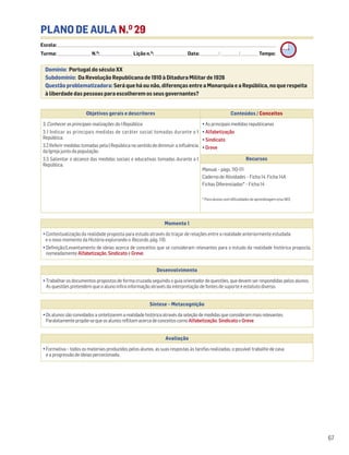 PLANO DE AULA N.O
29
Escola: ______________________________________________________________________________________________________________________________________________________________________
Turma: _________________________ N.O
: ________________________ Lição n.O
: ________________________ Data: _____________/_____________/_____________ Tempo:
Momento 1
• Contextualização da realidade proposta para estudo através do traçar de relações entre a realidade anteriormente estudada
e o novo momento da História explorando o Recordo, pág. 110.
• Definição/Levantamento de ideias acerca de conceitos que se consideram relevantes para o estudo da realidade histórica proposta,
nomeadamente Alfabetização,Sindicato e Greve.
Desenvolvimento
• Trabalhar os documentos propostos de forma cruzada seguindo o guia orientador de questões, que devem ser respondidas pelos alunos.
As questões pretendem que o aluno infira informação através da interpretação de fontes de suporte e estatuto diverso.
Avaliação
• Formativa – todos os materiais produzidos pelos alunos, as suas respostas às tarefas realizadas, o possível trabalho de casa
e a progressão de ideias percecionada.
Síntese – Metacognição
•Osalunossãoconvidadosasintetizaremarealidadehistóricaatravésdaseleçãodemedidasqueconsiderammaisrelevantes.
Paralelamentepropõe-sequeosalunosreflitamacercadeconceitoscomoAlfabetização,Sindicato e Greve.
67
Domínio: Portugal do século XX
Subdomínio: Da Revolução Republicana de 1910 à Ditadura Militar de 1926
Questão problematizadora: Será que há ou não, diferenças entre a Monarquia e a República, no que respeita
à liberdade das pessoas para escolherem os seus governantes?
Objetivos gerais e descritores Conteúdos / Conceitos
3. Conhecer as principais realizações da I República
3.1 Indicar as principais medidas de caráter social tomadas durante a I
República.
3.2 Referir medidas tomadas pela I República no sentido de diminuir a influência
da Igreja junto da população.
3.3 Salientar o alcance das medidas sociais e educativas tomadas durante a I
República.
• As principais medidas republicanas
• Alfabetização
• Sindicato
• Greve
Recursos
Manual – págs. 110-111
Caderno de Atividades – Ficha 14. Ficha 14A
Fichas Diferenciadas* – Ficha 14
* Para alunos com dificuldades de aprendizagem e/ou NEE.
 