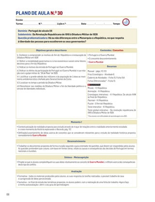 PLANO DE AULA N.O
30
Escola: ______________________________________________________________________________________________________________________________________________________________________
Turma: _________________________ N.O
: ________________________ Lição n.O
: ________________________ Data: _____________/_____________/_____________ Tempo:
Momento 1
• Contextualização da realidade proposta para estudo através do traçar de relações entre a realidade anteriormente estudada
e o novo momento da História explorando o Recordo, pág. 112.
• Definição/Levantamento de ideias acerca de conceitos que se consideram relevantes para o estudo da realidade histórica proposta,
nomeadamente GuerraMundial.
Desenvolvimento
• Trabalhar os documentos propostos de forma cruzada seguindo o guia orientador de questões, que devem ser respondidas pelos alunos.
As questões pretendem que o aluno, com base em fontes várias, relate as causas e consequências das decisões de Portugal em termos
nacionais e mundiais.
Avaliação
• Formativa – todos os materiais produzidos pelos alunos, as suas respostas às tarefas realizadas, o possível trabalho de casa
e a progressão de ideias percecionada.
• Sumativa – no final do estudo das temáticas propostas, os alunos podem, com a realização de uma ficha de trabalho «Agora faço
a minha autoavaliação», aferir o seu grau de aprendizagem.
Síntese – Metacognição
•Propõe-sequeosalunoscomplexifiquemassuasideiasrelativamenteaoconceitodeGuerraMundial,ereflitamacercadasconsequências
destetipodeconflito.
Domínio: Portugal do século XX
Subdomínio: Da Revolução Republicana de 1910 à Ditadura Militar de 1926
Questão problematizadora: Há ou não diferenças entre a Monarquia e a República, no que respeita
à liberdade das pessoas para escolherem os seus governantes?
68
Objetivos gerais e descritores Conteúdos / Conceitos
4. Conhecer e compreender os motivos do fim da I República e a instauração da
Ditadura Militar em 1926
4.1 Referir a instabilidade governativa e a crise económica e social como fatores
decisivos para o fim da I República.
4.2 Indicar os motivos da entrada de Portugal na I Guerra Mundial.
4.3 Indicar os efeitos da participação de Portugal na I Guerra Mundial e sua rela-
ção com o golpe militar do “28 de Maio” de 1926.
4.4 Justificar a grande adesão dos militares e da população de Lisboa ao movi-
mento antidemocrático chefiado pelo General Gomes da Costa.
4.5 Localizar no tempo o período da Ditadura Militar.
4.6 Reconhecer nas medidas da Ditadura Militar o fim da liberdade política e o
cercear de liberdades individuais.
• Portugal e a I Guerra Mundial
• O crescente descontentamento
• Guerra Mundial
Recursos
Manual – págs. 112-113
Friso Cronológico – Atividade 6
Caderno de Atividades – Ficha 15. Ficha 15A
Fichas Diferenciadas* – Ficha 15
Missão – A I República.
Animação – A I República.
Cronologias interativas – A I República. Do século XVIII
ao final da I República.
Pacman – A I República.
Puzzle – O fim da I República.
Teste interativo – A I República.
Teste global interativo – Da revolução republicana de
1910 à Ditadura Militar de 1926
* Para alunos com dificuldades de aprendizagem e/ou NEE.
 