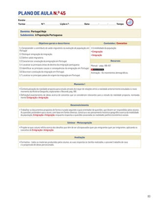PLANO DE AULA N.O
45
Escola: ______________________________________________________________________________________________________________________________________________________________________
Turma: _________________________ N.O
: ________________________ Lição n.O
: ________________________ Data: _____________/_____________/_____________ Tempo:
Momento 1
• Contextualização da realidade proposta para estudo através do traçar de relações entre a realidade anteriormente estudada e o novo
momento da História-Geografia, explorando o Recordo, pág. 166.
• Definição/Levantamento de ideias acerca de conceitos que se consideram relevantes para o estudo da realidade proposta, nomeada-
mente Emigração e Imigração.
Desenvolvimento
• Trabalhar os documentos propostos de forma cruzada seguindo o guia orientador de questões, que devem ser respondidas pelos alunos.
As questões pretendem que o aluno, com base em fontes diversas, construa o seu pensamento histórico-geográfico acerca da mobilidade
da população, Emigração e Imigração, enquanto respostas a questões associadas às realidades político-económico-sociais.
Avaliação
• Formativa – todos os materiais produzidos pelos alunos, as suas respostas às tarefas realizadas, o possível trabalho de casa
e a progressão de ideias percecionada.
Síntese – Metacognição
• Propõe-se que o aluno reflita acerca dos desafios que têm de ser ultrapassados quer por emigrantes quer por imigrantes, aplicando os
conceitos de Emigração e Imigração.
83
Domínio: Portugal Hoje
Subdomínio: A População Portuguesa
Objetivos gerais e descritores Conteúdos / Conceitos
3. Compreender o contributo do saldo migratório na evolução da população em
Portugal
3.1 Distinguir emigração de imigração.
3.2 Definir saldo migratório.
3.3 Caracterizar a evolução da emigração em Portugal.
3.4 Localizar as principais áreas de destino da emigração portuguesa.
3.5 Identificar as principais causas e consequências da emigração em Portugal.
3.6 Descrever a evolução da imigração em Portugal.
3.7 Localizar os principais países de origem da imigração em Portugal.
• A mobilidade da população
• Emigração
• Imigração
Recursos
Manual – págs. 166-167
Animação – Os movimentos demográficos.
 