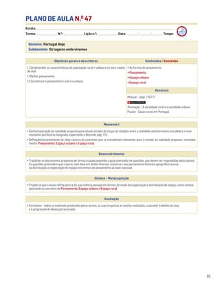PLANO DE AULA N.O
47
Escola: ______________________________________________________________________________________________________________________________________________________________________
Turma: _________________________ N.O
: ________________________ Lição n.O
: ________________________ Data: _____________/_____________/_____________ Tempo:
Momento 1
• Contextualização da realidade proposta para estudo através do traçar de relações entre a realidade anteriormente estudada e o novo
momento da História-Geografia, explorando o Recordo, pág. 170.
• Definição/Levantamento de ideias acerca de conceitos que se consideram relevantes para o estudo da realidade proposta, nomeada-
mente Povoamento, Espaço urbano e Espaço rural.
Desenvolvimento
• Trabalhar os documentos propostos de forma cruzada seguindo o guia orientador de questões, que devem ser respondidas pelos alunos.
As questões pretendem que o aluno, com base em fontes diversas, construa o seu pensamento histórico-geográfico acerca
da distribuição e organização do espaço em termos de povoamento ao nível nacional.
Avaliação
• Formativa – todos os materiais produzidos pelos alunos, as suas respostas às tarefas realizadas, o possível trabalho de casa
e a progressão de ideias percecionada.
Síntese – Metacognição
• Propõe-se que o aluno reflita acerca da sua vivência pessoal em termos de modo de organização e distribuição de espaço, como síntese,
aplicando os conceitos de Povoamento, Espaço urbano e Espaço rural.
85
Domínio: Portugal Hoje
Subdomínio: Os lugares onde vivemos
Objetivos gerais e descritores Conteúdos / Conceitos
1. Compreender as características da população rural e urbana e os seus modos
de vida
1.1 Definir povoamento.
1.2 Caraterizar o povoamento rural e o urbano.
• As formas de povoamento
• Povoamento
• Espaço urbano
• Espaço rural
Recursos
Manual – págs. 170-171
Animação – A sociedade rural e a sociedade urbana.
Puzzle – Casas rurais em Portugal.
 