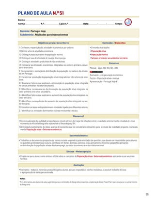 PLANO DE AULA N.O
51
Escola: ______________________________________________________________________________________________________________________________________________________________________
Turma: _________________________ N.O
: ________________________ Lição n.O
: ________________________ Data: _____________/_____________/_____________ Tempo:
Momento 1
• Contextualização da realidade proposta para estudo através do traçar de relações entre a realidade anteriormente estudada e o novo
momento da História-Geografia, explorando o Recordo, pág. 184.
• Definição/Levantamento de ideias acerca de conceitos que se consideram relevantes para o estudo da realidade proposta, nomeada-
mente População ativa e Setores económicos.
Desenvolvimento
• Trabalhar os documentos propostos de forma cruzada seguindo o guia orientador de questões, que devem ser respondidas pelos alunos.
As questões pretendem que o aluno, com base em fontes diversas, construa o seu pensamento histórico-geográfico pensando
na distribuição da população ativa e do desemprego, por setor económico e no território nacional.
Avaliação
• Formativa – todos os materiais produzidos pelos alunos, as suas respostas às tarefas realizadas, o possível trabalho de casa
e a progressão de ideias percecionada.
Síntese – Metacognição
• Propõe-se que o aluno, como síntese, reflita sobre os conceitos de População ativa e Setores económicos aplicando-os ao seu meio
familiar.
Domínio: Portugal Hoje
Subdomínio: Atividades que desenvolvemos
89
Objetivos gerais e descritores Conteúdos / Conceitos
1. Conhecer a repartição das atividades económicas por setores
1.1 Definir setor de atividade económica.
1.2 Distinguir população ativa de população inativa.
1.3 Distinguir taxa de atividade de taxa de desemprego.
1.4 Distinguir atividades produtivas de não produtivas.
1.5 Comparar as atividades económicas integradas nos setores primário, secun-
dário e terciário.
2. Compreender a evolução da distribuição da população por setores de ativida-
de em Portugal
2.1 Caraterizar a evolução da população ativa integrada nos três setores de ativi-
dade.
2.2 Enumerar fatores que explicam a diminuição da população ativa integrada
no sector primário e no setor secundário.
2.3 Identificar consequências da diminuição da população ativa integrada no
setor primário e no setor secundário.
2.4 Identificar fatores que explicam o aumento da população ativa integrada no
setor terciário.
2.5 Identificar consequências do aumento da população ativa integrada no sec-
tor terciário.
2.6 Localizar as áreas onde predominam atividades ligadas aos diferentes setores.
2.7 Identificar as atividades dominantes na área envolvente à escola.
• O mundo do trabalho
• População ativa
• População inativa
• Setores primário, secundário e terciário
Recursos
Manual – págs. 182, 183, 184 e 185
Animação – A organização económica.
Puzzle – População ativa e inativa.
Apresentação – Portugal Hoje II *.
Notas:
*Em alternativa aos planos de aula sugeridos para os conteúdos de Geografia, propomos a exploração deste PowerPoint para assegurar o cumprimento
do Programa.
 