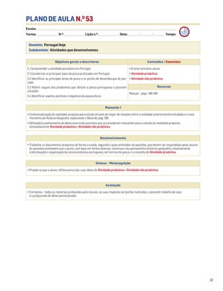 PLANO DE AULA N.O
53
Escola: ______________________________________________________________________________________________________________________________________________________________________
Turma: _________________________ N.O
: ________________________ Lição n.O
: ________________________ Data: _____________/_____________/_____________ Tempo:
Momento 1
• Contextualização da realidade proposta para estudo através do traçar de relações entre a realidade anteriormente estudada e o novo
momento da História-Geografia, explorando o Recordo, pág. 188.
• Definição/Levantamento de ideias acerca de conceitos que se consideram relevantes para o estudo da realidade proposta,
nomeadamente Atividade produtiva e Atividade não produtiva.
Desenvolvimento
• Trabalhar os documentos propostos de forma cruzada, seguindo o guia orientador de questões, que devem ser respondidas pelos alunos.
As questões pretendem que o aluno, com base em fontes diversas, construa o seu pensamento histórico-geográfico relativamente
à distribuição e organização da zona económica portuguesa, em termos de pesca, e o conceito de Atividade produtiva.
Avaliação
• Formativa – todos os materiais produzidos pelos alunos, as suas respostas às tarefas realizadas, o possível trabalho de casa
e a progressão de ideias percecionada.
Síntese – Metacognição
• Propõe-se que o aluno, reflita acerca das suas ideias de Atividade produtiva e Atividade não produtiva.
91
Domínio: Portugal Hoje
Subdomínio: Atividades que desenvolvemos
Objetivos gerais e descritores Conteúdos / Conceitos
5. Compreender a atividade piscatória em Portugal
5.1 Caraterizar os principais tipos de pesca praticados em Portugal.
5.2 Identificar as principais áreas de pesca e os portos de desembarque do pes-
cado.
5.3 Referir alguns dos problemas que afetam a pesca portuguesa e possíveis
soluções.
5.4 Identificar aspetos positivos e negativos da aquacultura.
• O setor primário: pesca
• Atividade produtiva
• Atividade não produtiva
Recursos
Manual – págs. 188-189
 