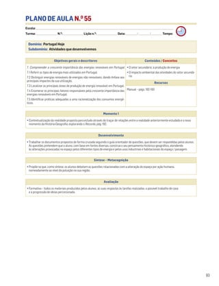 PLANO DE AULA N.O
55
Escola: ______________________________________________________________________________________________________________________________________________________________________
Turma: _________________________ N.O
: ________________________ Lição n.O
: ________________________ Data: _____________/_____________/_____________ Tempo:
Momento 1
• Contextualização da realidade proposta para estudo através do traçar de relações entre a realidade anteriormente estudada e o novo
momento da História-Geografia, explorando o Recordo, pág. 192.
Desenvolvimento
• Trabalhar os documentos propostos de forma cruzada seguindo o guia orientador de questões, que devem ser respondidas pelos alunos.
As questões pretendem que o aluno, com base em fontes diversas, construa o seu pensamento histórico-geográfico, atendendo
às alterações provocadas no espaço pelos diferentes tipos de energia e pelos usos industriais e habitacionais do espaço / paisagem.
Avaliação
• Formativa – todos os materiais produzidos pelos alunos, as suas respostas às tarefas realizadas, o possível trabalho de casa
e a progressão de ideias percecionada.
Síntese – Metacognição
• Propõe-se que, como síntese, os alunos debatam as questões relacionadas com a alteração do espaço por ação humana,
nomeadamente ao nível da poluição na sua região.
93
Domínio: Portugal Hoje
Subdomínio: Atividades que desenvolvemos
Objetivos gerais e descritores Conteúdos / Conceitos
7. Compreender a crescente importância das energias renováveis em Portugal
7.1 Referir os tipos de energia mais utilizados em Portugal.
7.2 Distinguir energias renováveis de energias não renováveis, dando ênfase aos
principais impactes da sua utilização.
7.3 Localizar as principais áreas de produção de energia renovável em Portugal.
7.4 Enumerar os principais fatores responsáveis pela crescente importância das
energias renováveis em Portugal.
7.5 Identificar práticas adequadas a uma racionalização dos consumos energé-
ticos.
• O setor secundário: a produção de energia
• O impacto ambiental das atividades do setor secundá-
rio
Recursos
Manual – págs. 192-193
 
