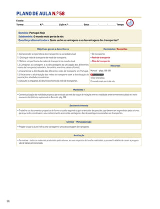 96
PLANO DE AULA N.O
58
Escola: ______________________________________________________________________________________________________________________________________________________________________
Turma: _________________________ N.O
: ________________________ Lição n.O
: ________________________ Data: _____________/_____________/_____________ Tempo:
Momento 1
• Contextualização da realidade proposta para estudo através do traçar de relações entre a realidade anteriormente estudada e o novo
momento da História, explorando o Recordo, pág. 198.
Desenvolvimento
• Trabalhar os documentos propostos de forma cruzada seguindo o guia orientador de questões, que devem ser respondidas pelos alunos,
para que estes construam o seu conhecimento acerca das vantagens e das desvantagens associadas aos transportes.
Avaliação
• Formativa – todos os materiais produzidos pelos alunos, as suas respostas às tarefas realizadas, o possível trabalho de casa e a progres-
são de ideias percecionada.
Síntese – Metacognição
• Propõe-se que o aluno refira uma vantagem e uma desvantagem de transporte.
Domínio: Portugal Hoje
Subdomínio: O mundo mais perto de nós
Questão problematizadora: Quais serão as vantagens e as desvantagens dos transportes?
Objetivos gerais e descritores Conteúdos / Conceitos
1. Compreender a importância dos transportes na sociedade atual
1.1 Distinguir rede de transporte de modo de transporte.
1.2 Referir a importância das redes de transporte no mundo atual.
1.3 Comparar as vantagens e as desvantagens da utilização dos diferentes
modos de transporte (rodoviário, ferroviário, marítimo, aéreo e fluvial).
1.4 Caracterizar a distribuição das diferentes redes de transporte em Portugal.
1.5 Relacionar a distribuição das redes de transporte com a distribuição da
população e atividades económicas.
1.6 Discutir os impactes do desenvolvimento da rede de transportes.
• Os transportes
• Rede de transporte
• Meio de transporte
Recursos
Manual – págs. 198-199
Teste interativo
O mundo mais perto de nós
 