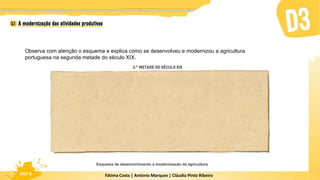 Fátima Costa | António Marques | Cláudia Pinto Ribeiro
HGP 6
Observa com atenção o esquema e explica como se desenvolveu e modernizou a agricultura
portuguesa na segunda metade do século XIX.
Esquema de desenvolvimento e modernização da agricultura
 