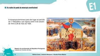 Fátima Costa | António Marques | Cláudia Pinto Ribeiro
HGP 6
Alegoria da proclamação da República Portuguesa.
Litografia de Cândido da Silva.
A monarquia terminava para dar lugar ao período
da 1.ª República, que vigorou entre 5 de outubro
de 1910 e 28 de maio de 1926.
 