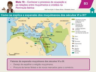 Meta 19 – Conhecer o processo de ocupação e
as relações entre muçulmanos e cristãos na
Península Ibérica
Como se explica a expansão dos muçulmanos dos séculos VI a IX?
B3
Fatores da expansão muçulmana dos séculos VI a IX:
• Desejo de espalhar a religião muçulmana;
• Procura de terras férteis e de novos mercados para o comércio.
HGP em Ação 5 • Eliseu Alves • Elisabete Jesus
 