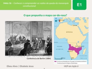 Eliseu Alves | Elisabete Jesus HGP em Ação 6
Meta 16 – Conhecer e compreender as razões da queda da monarquia
constitucional E1
O que propunha o mapa cor-de-rosa?
Conferência de Berlim (1884)
 