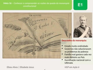 Eliseu Alves | Elisabete Jesus HGP em Ação 6
Meta 16 – Conhecer e compreender as razões da queda da monarquia
constitucional E1
Descrédito da monarquia:
 Estado muito endividado
 Governos não solucionavam
os problemas da pobreza
 Família real gastava cada vez
mais dinheiro ao País
 Humilhação nacional com o
Ultimato
 