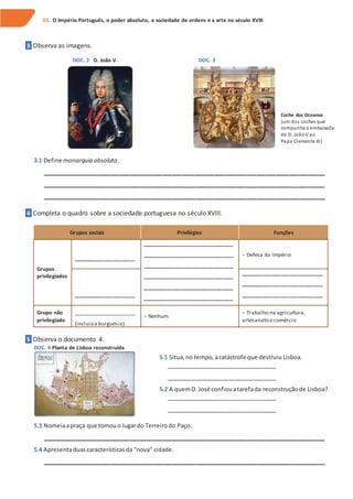 3 Observa as imagens.
3.1 Define monarquia absoluta.
_______________________________________________________________________________________
_______________________________________________________________________________________
_______________________________________________________________________________________
4 Completa o quadro sobre a sociedade portuguesa no século XVIII.
Grupos sociais Privilégios Funções
Grupos
privilegiados
_____________________
_______________________________
_______________________________
_______________________________
_______________________________
_______________________________
_______________________________
− Defesa do Império
_____________________
____________________________
____________________________
____________________________
Grupo não
privilegiado
_____________________
(incluiaa burguesia)
− Nenhum
− Trabalho na agricultura,
artesanato e comércio
5 Observa o documento 4.
DOC. 4 Planta de Lisboa reconstruída
5.3 Nomeiaapraça que tomouo lugardo Terreirodo Paço.
_______________________________________________________________________________________
5.4 Apresentaduascaracterísticasda “nova” cidade.
_______________________________________________________________________________________
D1. O Império Português, o poder absoluto, a sociedade de ordens e a arte no século XVIII
DOC. 2 D. João V. DOC. 3
Coche dos Oceanos
(um dos coches que
compunha a embaixada
de D. JoãoV ao
Papa Clemente XI)
5.1 Situa,no tempo,acatástrofe que destruiu Lisboa.
__________________________________
__________________________________
5.2 A quemD. José confiouatarefada reconstruçãode Lisboa?
__________________________________
__________________________________
 