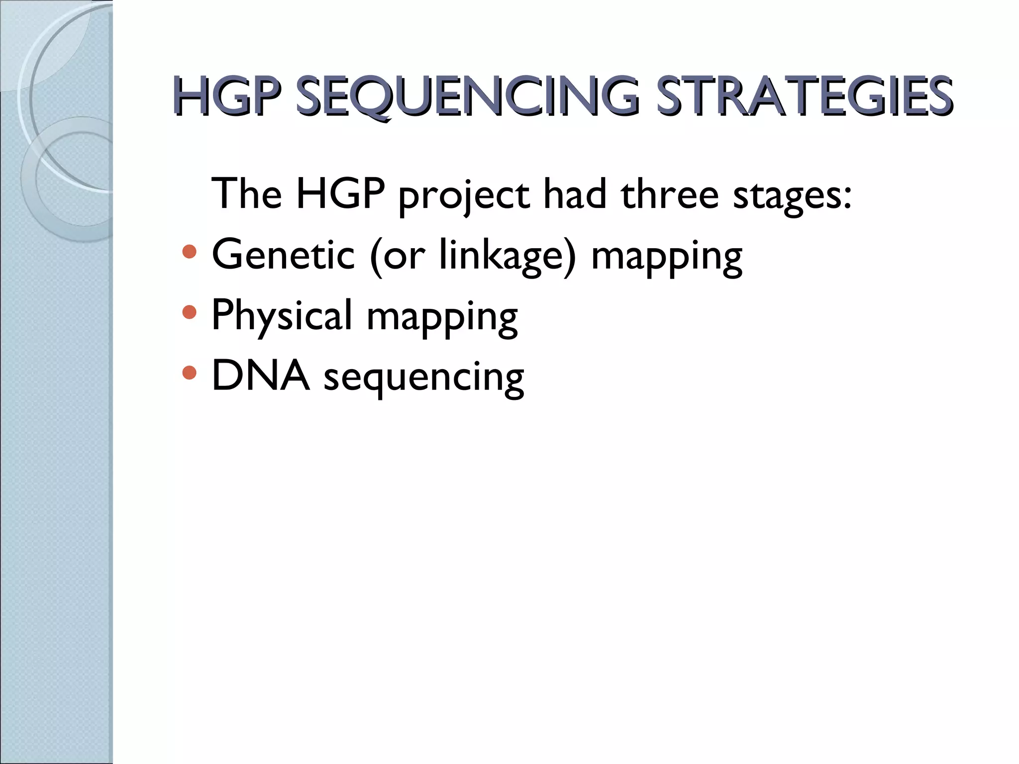HGP SEQUENCING STRATEGIES The HGP project had three stages: Genetic (or linkage) mapping Physical mapping DNA sequencing 