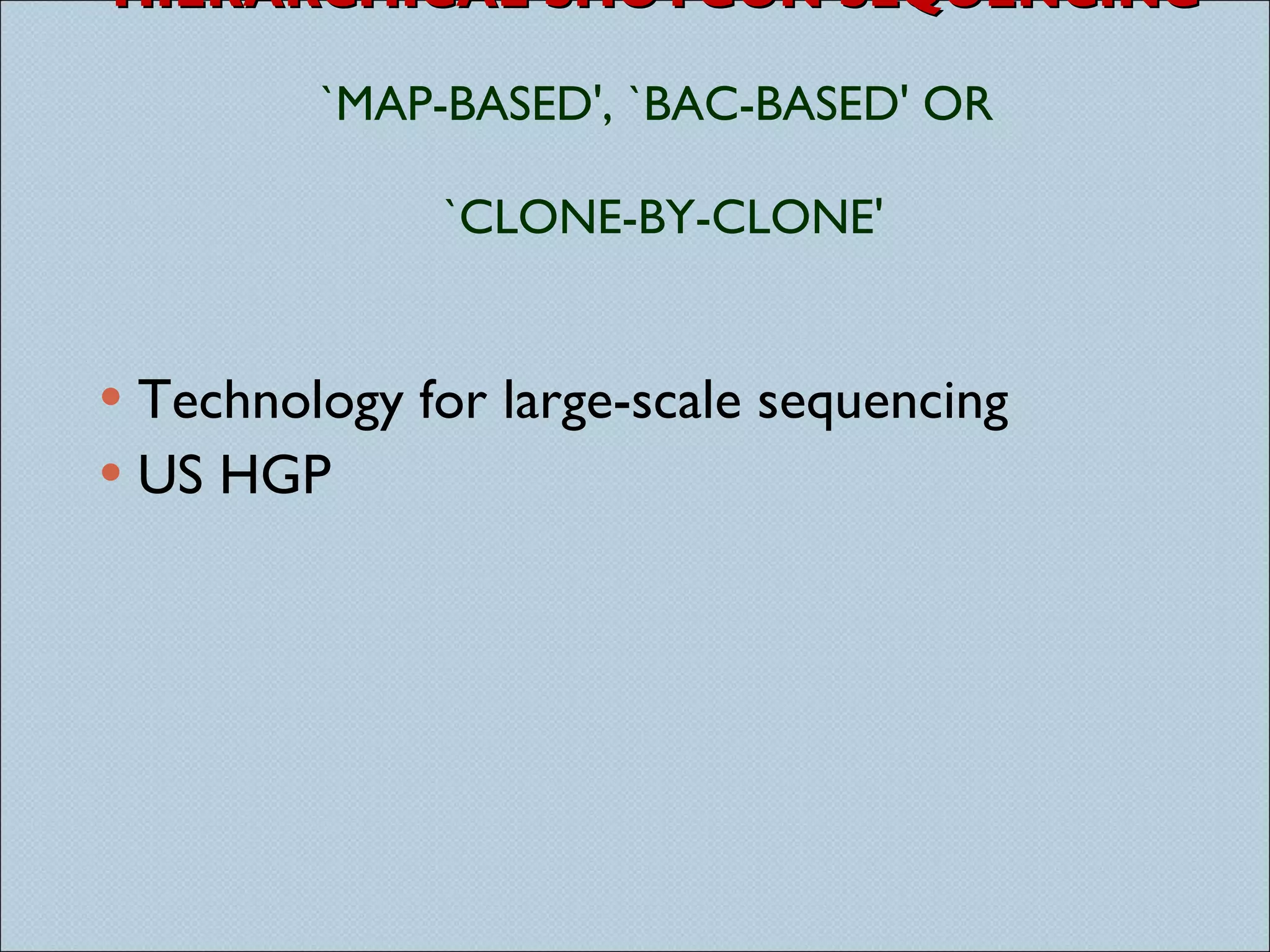 ‘ HIERARCHICAL SHOTGUN SEQUENCING’ `MAP-BASED', `BAC-BASED' OR  `CLONE-BY-CLONE' Technology for large-scale sequencing US HGP 