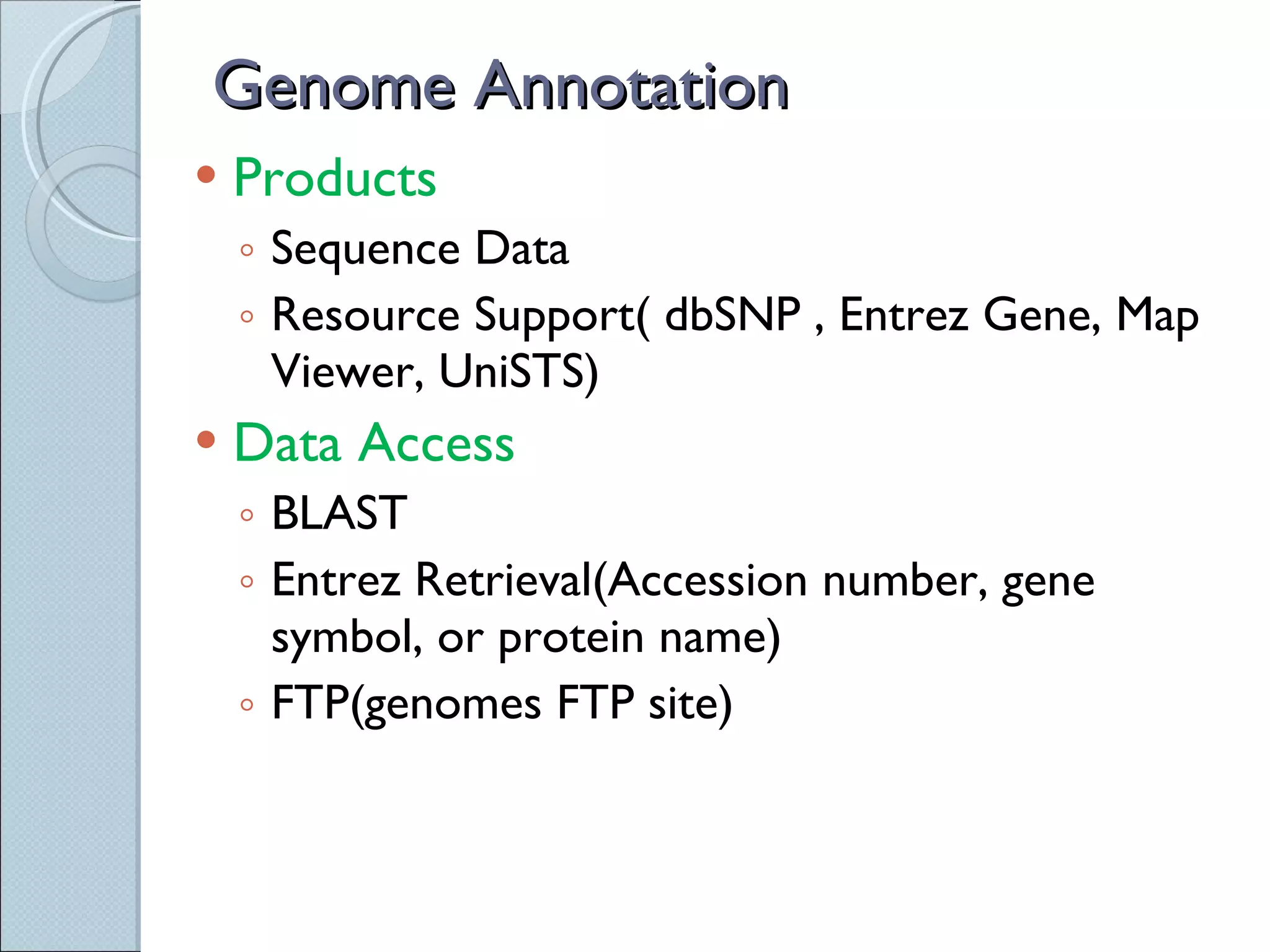 Genome Annotation Products  Sequence Data Resource Support( dbSNP , Entrez Gene, Map Viewer, UniSTS) Data Access  BLAST Entrez Retrieval(Accession number, gene symbol, or protein name) FTP(genomes FTP site) 