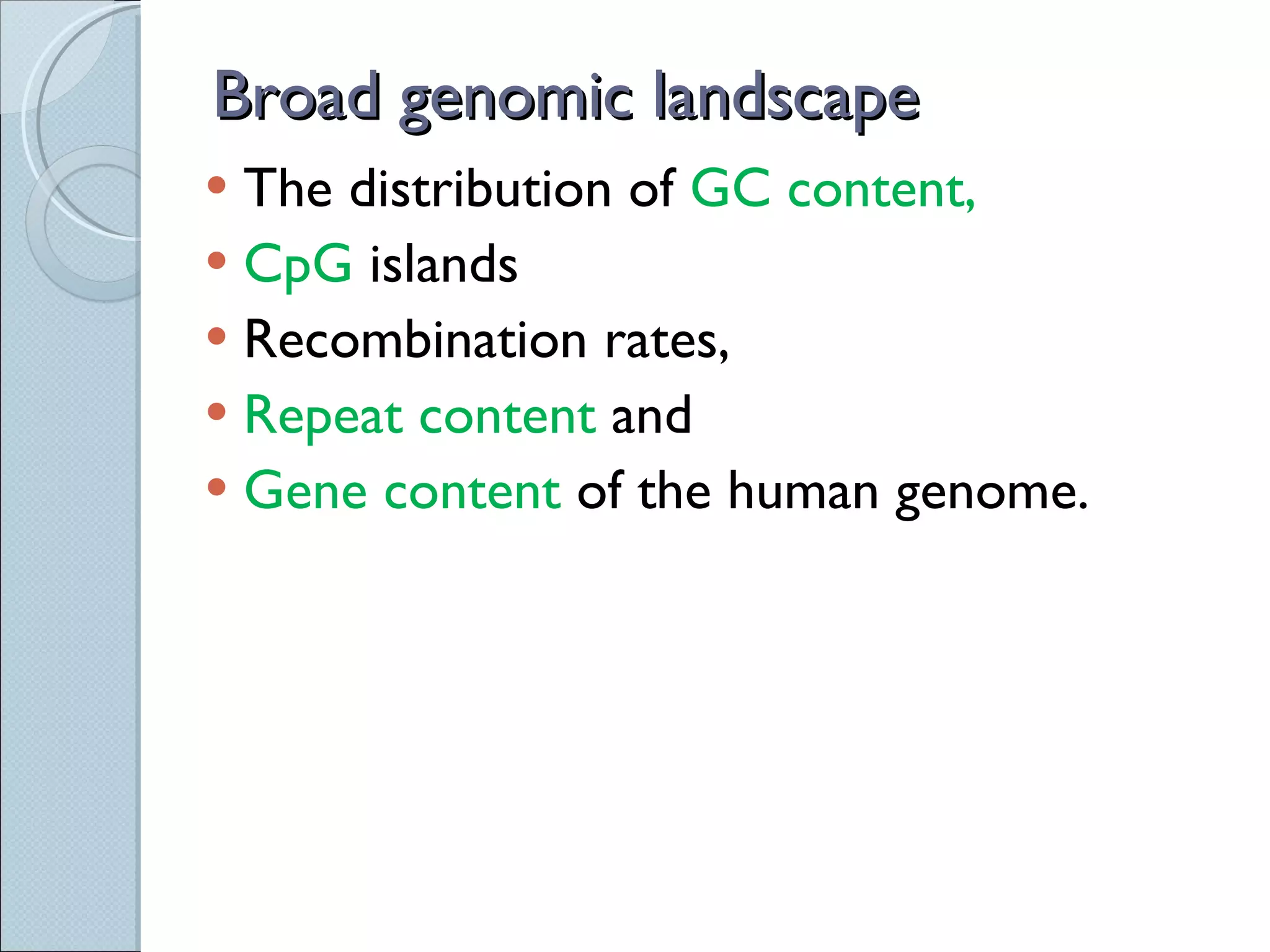 Broad genomic landscape The distribution of  GC content,  CpG  islands Recombination rates,  Repeat content  and Gene content  of the human genome. 