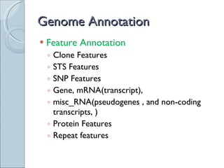 Genome Annotation Feature Annotation  Clone Features STS Features SNP Features Gene, mRNA(transcript),  misc_RNA(pseudogenes , and non-coding transcripts, )  Protein Features Repeat features 