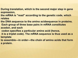 During translation, which is the second major step in gene
expression,
the mRNA is "read" according to the genetic code, which
relates
the DNA sequence to the amino acidsequence in proteins.
Each group of three base pairs in mRNA constitutes
acodon, and each
codon specifies a particular amino acid (hence,
it is a triplet code). The mRNA sequence is thus used as a
template
to assemble—in order—the chain of amino acids that form
a protein.
 