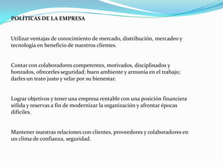 REGLAMENTO INTERNO DE LA EMPRESAEl horario de entrada de todo el  personal será de 8:30 a 1:00 y de 3:00 a 7:00 PM.Todos los empleados tienen un límite de atraso de 5 minutos.Los empleados que necesiten permiso deben comunicar con anticipación de un día.Las llamadas telefónicas y visitas personales tienen un máximo de cinco minutos.Mantener las oficinas, bodega y almacenes limpias y en orden  todos los días.Involucrar al personal para el desarrollo de nuevas ideas.La multa es de $1.00 a la persona que venga sin el uniforme y desarreglada.Dejar terminado todo el trabajo en el mismo día.