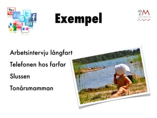 Exempel

Arbetsintervju långfart
Telefonen hos farfar
Slussen
Tonårsmamman
 