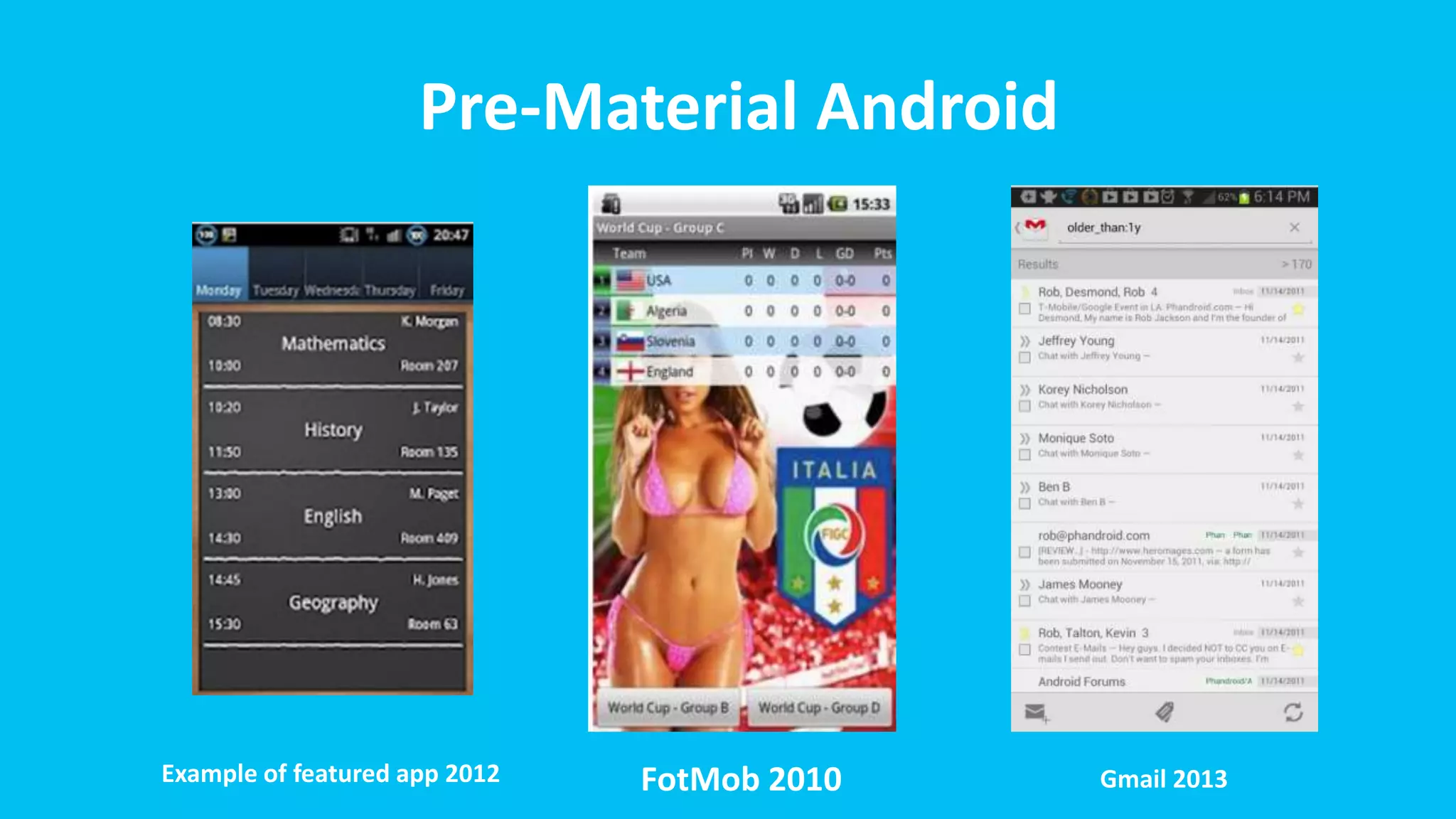 Pre-Material Android
FotMob 2010 Gmail 2013Example of featured app 2012
 