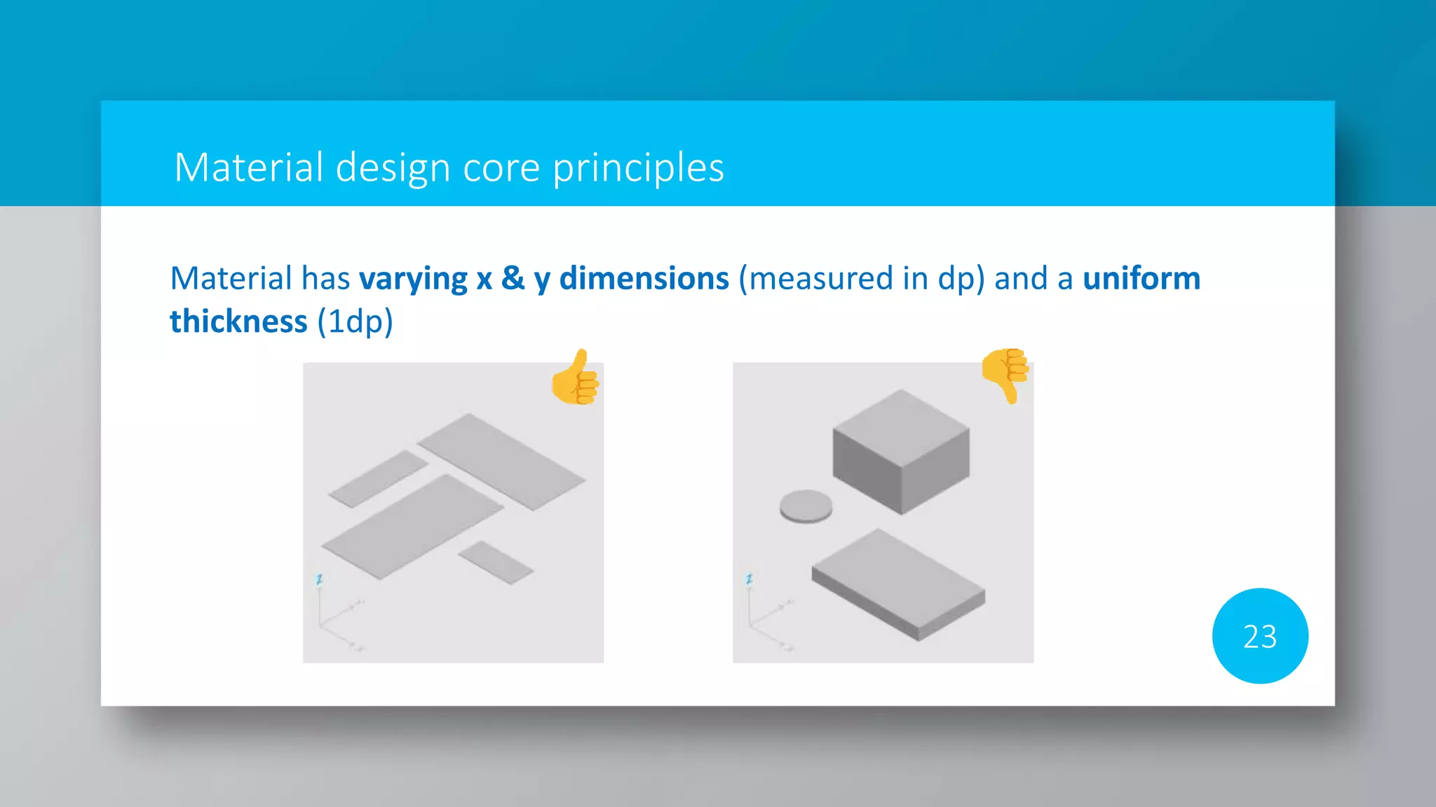 Material design core principles
23
Material has varying x & y dimensions (measured in dp) and a uniform
thickness (1dp)
 