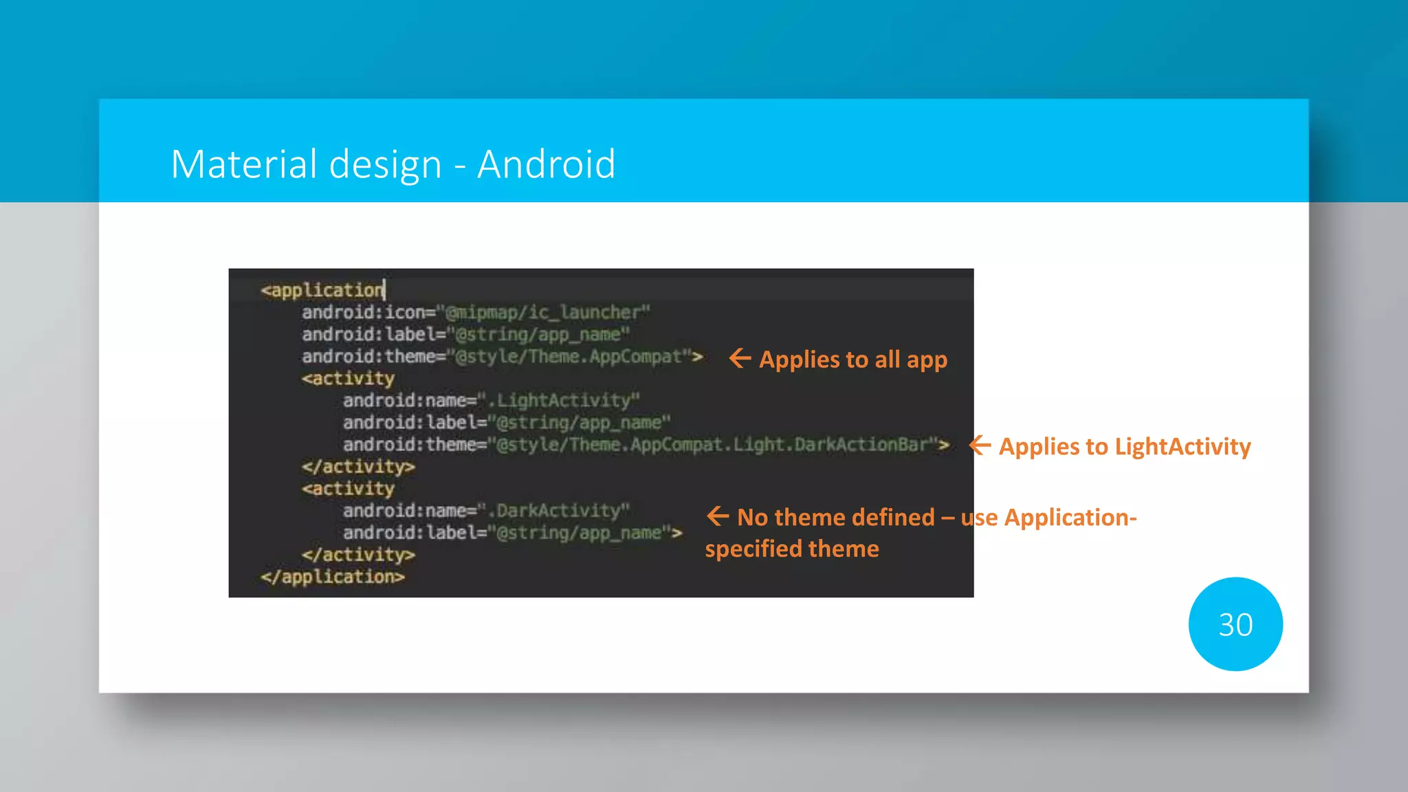 Material design - Android
30
 Applies to all app
 Applies to LightActivity
 No theme defined – use Application-
specified theme
 
