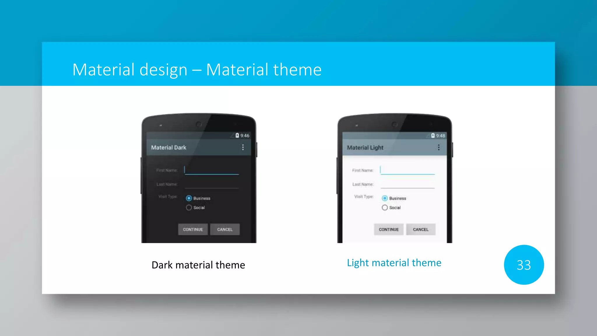 Material design – Material theme
33Light material themeDark material theme
 