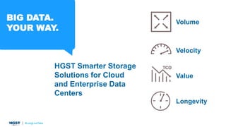 HGST Smarter Storage
Solutions for Cloud
and Enterprise Data
Centers
BIG DATA.
YOUR WAY.
Velocity
Volume
Longevity
Value
 