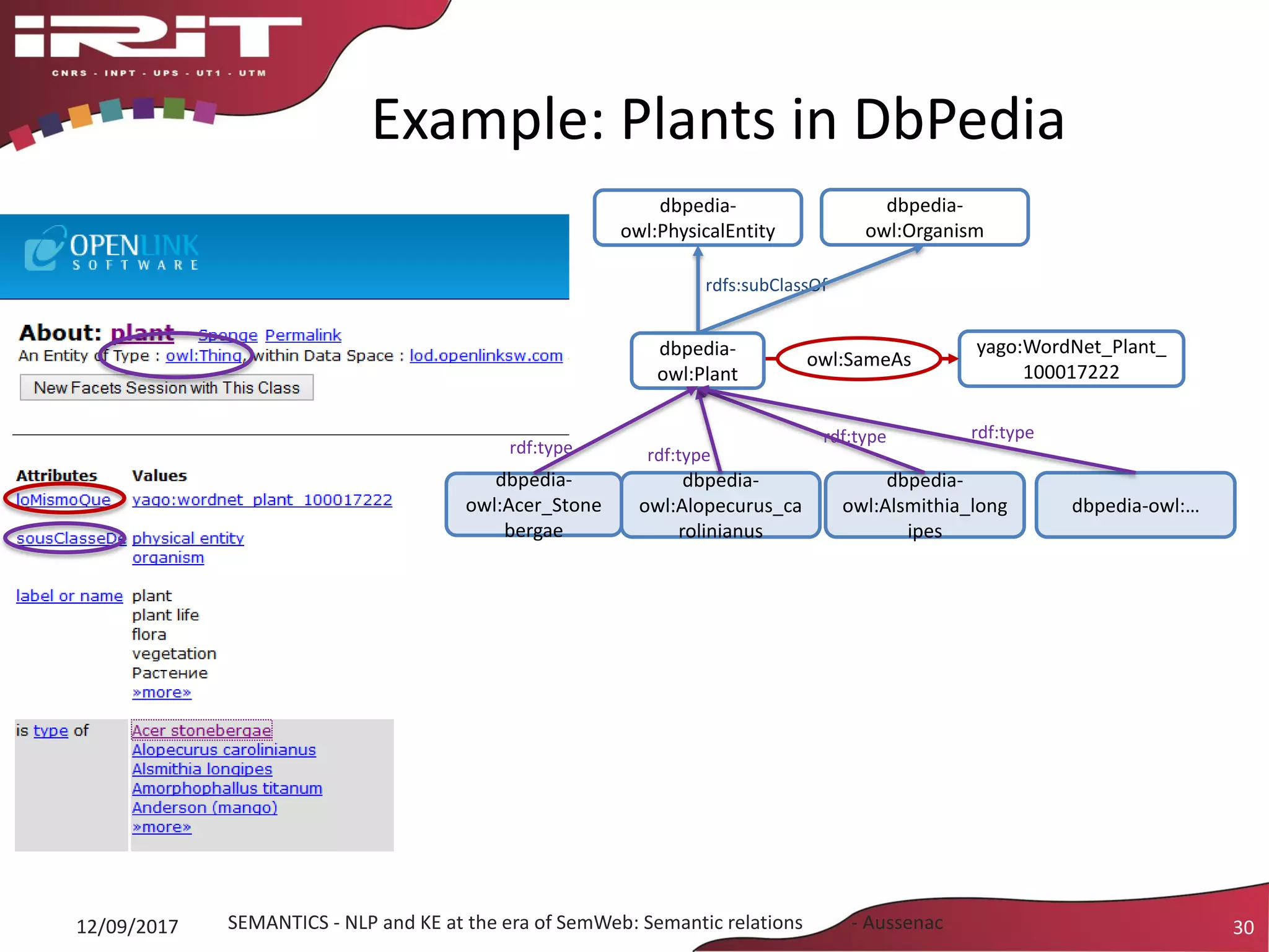 dbpedia-
owl:PhysicalEntity
rdfs:subClassOf
dbpedia-
owl:Organism
Example: Plants in DbPedia
30
owl:SameAs
yago:WordNet_Plant_
100017222
dbpedia-
owl:Plant
dbpedia-
owl:Acer_Stone
bergae
dbpedia-
owl:Alopecurus_ca
rolinianus
dbpedia-
owl:Alsmithia_long
ipes
dbpedia-owl:…
rdf:typerdf:type
rdf:typerdf:type
SEMANTICS - NLP and KE at the era of SemWeb: Semantic relations - Aussenac12/09/2017
 