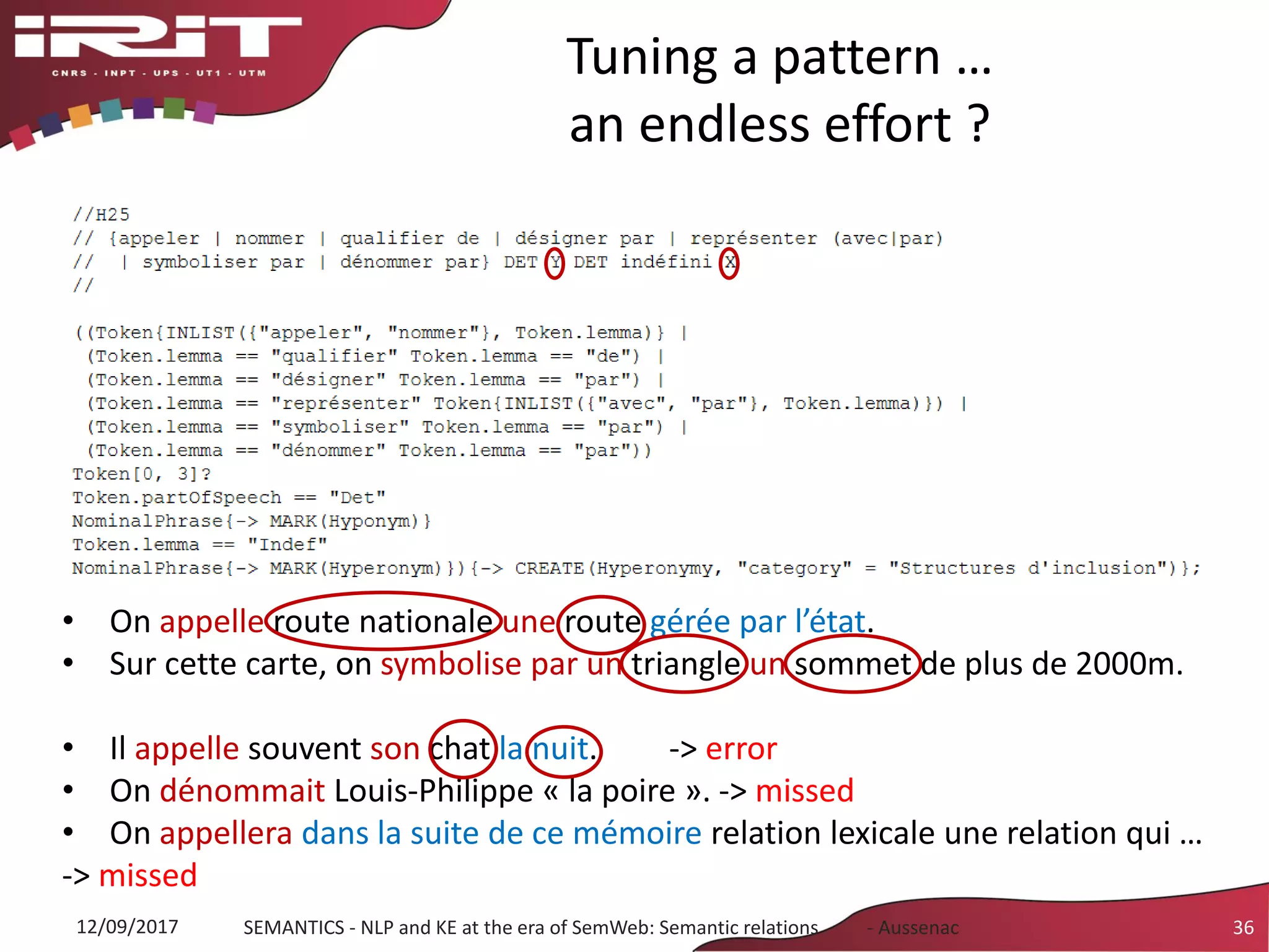 Tuning a pattern …
an endless effort ?
• On appelle route nationale une route gérée par l’état.
• Sur cette carte, on symbolise par un triangle un sommet de plus de 2000m.
• Il appelle souvent son chat la nuit. -> error
• On dénommait Louis-Philippe « la poire ». -> missed
• On appellera dans la suite de ce mémoire relation lexicale une relation qui …
-> missed
12/09/2017 SEMANTICS - NLP and KE at the era of SemWeb: Semantic relations - Aussenac 36
 
