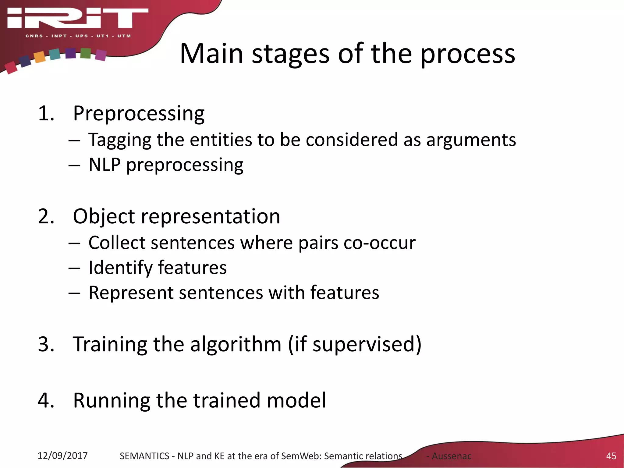 Main stages of the process
1. Preprocessing
– Tagging the entities to be considered as arguments
– NLP preprocessing
2. Object representation
– Collect sentences where pairs co-occur
– Identify features
– Represent sentences with features
3. Training the algorithm (if supervised)
4. Running the trained model
12/09/2017 SEMANTICS - NLP and KE at the era of SemWeb: Semantic relations - Aussenac 45
 