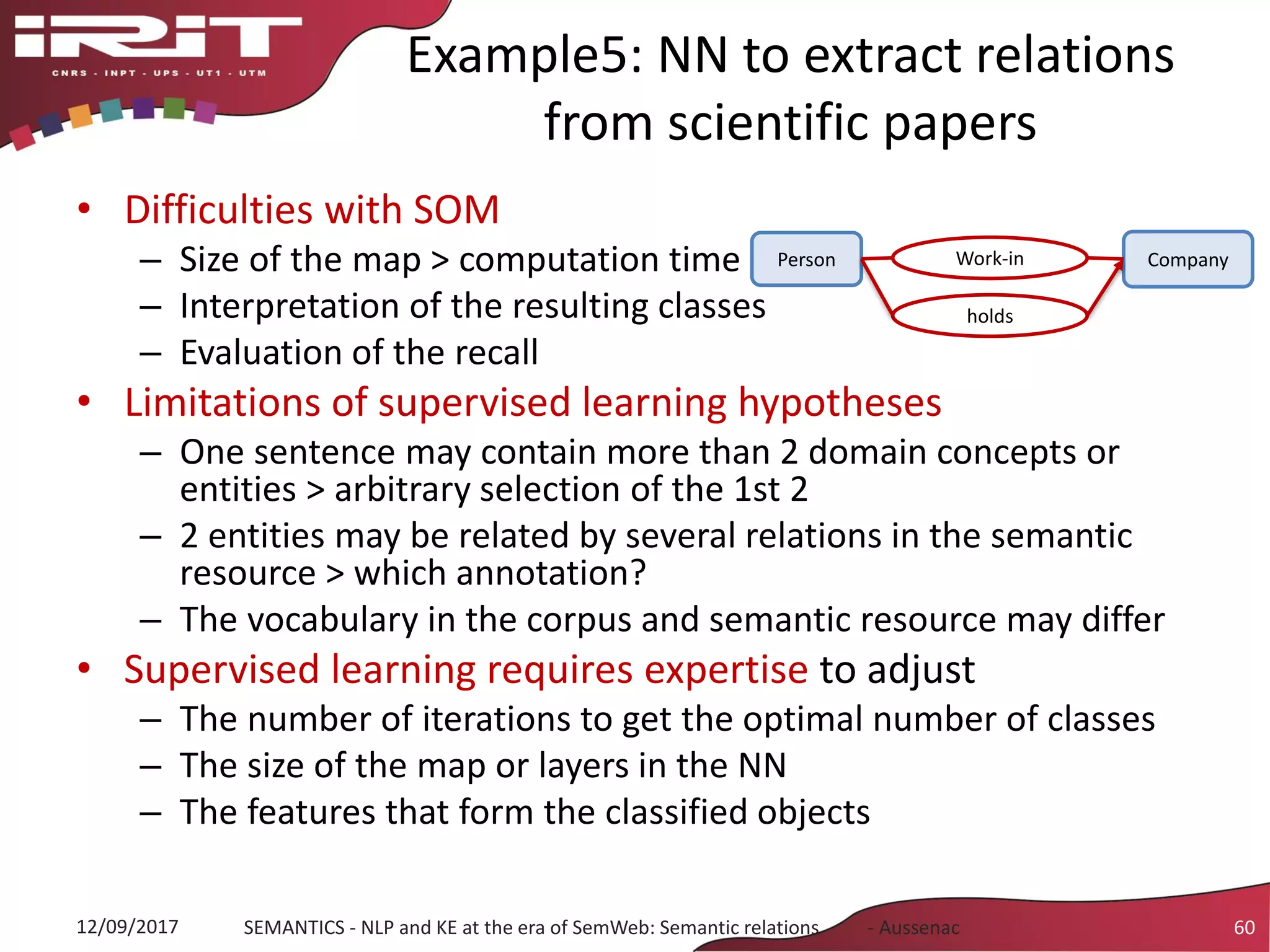 Example5: NN to extract relations
from scientific papers
• Difficulties with SOM
– Size of the map > computation time
– Interpretation of the resulting classes
– Evaluation of the recall
• Limitations of supervised learning hypotheses
– One sentence may contain more than 2 domain concepts or
entities > arbitrary selection of the 1st 2
– 2 entities may be related by several relations in the semantic
resource > which annotation?
– The vocabulary in the corpus and semantic resource may differ
• Supervised learning requires expertise to adjust
– The number of iterations to get the optimal number of classes
– The size of the map or layers in the NN
– The features that form the classified objects
12/09/2017 SEMANTICS - NLP and KE at the era of SemWeb: Semantic relations - Aussenac 60
Person Work-in Company
holds
 