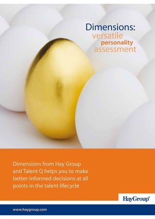 Dimensions:
                                   versatile
                                      personality
                                    assessment




Dimensions from Hay Group
and Talent Q helps you to make
better-informed decisions at all
points in the talent lifecycle



www.haygroup.com
 