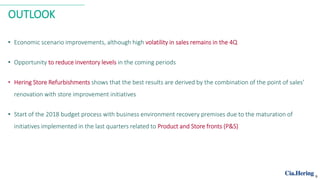 OUTLOOK
• Economic scenario improvements, although high volatility in sales remains in the 4Q
• Opportunity to reduce inventory levels in the coming periods
• Hering Store Refurbishments shows that the best results are derived by the combination of the point of sales’
renovation with store improvement initiatives
• Start of the 2018 budget process with business environment recovery premises due to the maturation of
initiatives implemented in the last quarters related to Product and Store fronts (P&S)
9
 