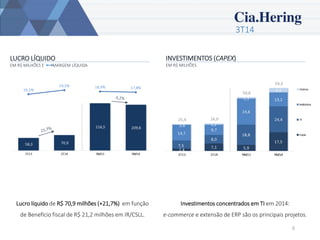3T14 
6 
LUCRO LÍQUIDO 
EM R$ MILHÕES E MARGEM LÍQUIDA 
INVESTIMENTOS (CAPEX) 
EM R$ MILHÕES 
Lucro líquido de R$ 70,9 milhões (+21,7%)em função de Benefício fiscal de R$ 21,2 milhões em IR/CSLL. 
Investimentos concentrados em TI em 2014: e-commerce e extensão de ERP são os principais projetos.  