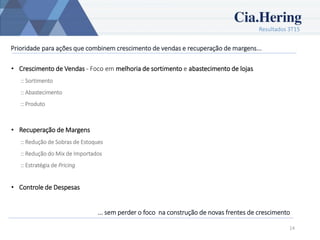 Resultados 3T15
14
Prioridade para ações que combinem crescimento de vendas e recuperação de margens...
• Crescimento de Vendas - Foco em melhoria de sortimento e abastecimento de lojas
:: Sortimento
:: Abastecimento
:: Produto
• Recuperação de Margens
:: Redução de Sobras de Estoques
:: Redução do Mix de Importados
:: Estratégia de Pricing
• Controle de Despesas
... sem perder o foco na construção de novas frentes de crescimento
 