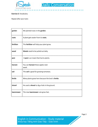 Page 2
Exercise 2: Vocabulary
Repeat after your tutor.
garden We planted roses in the garden.
roots A plant gets water from its roots.
fertilizer This fertilizer will help your plant grow.
weed Weeds need to be pulled out daily.
pest A pest is an insect that harms plants.
harvest You can harvest these apples next
week.
soil This soil is good for growing tomatoes.
fertile Many plants grow here because the land is fertile.
shovel He used a shovel to dig a hole in the ground.
lawnmower The new lawnmower cuts grass fast.
 