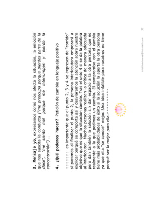 3. Mensaje yo, expresamos como nos afecta la situación, la emoción
que nos suscita la conducta    preocupa porque pierdes parte de la
               siento mal porque me interrumpes y pierdo la


4. ¿Qué podemos hacer? Petición de cambio en lenguaje positivo

-------     es importante que el punto 2, 3 y 4 se expresen de
si paramos al finalizar el punto 2, la persona interlocutora empezará a
explicar porqué se comporta así y desviaremos la atención sobre nuestro
objetivo que es que la situación cambie. Tras el unto 4 si se da la palabra
al interlocutor. Muchas personas realizan la crítica de manera adecuada
pero dan también la solución sin dar espacio a la otra persona que es
realmente a la que pedimos un cambio. El compromiso con el cambio
tiene más probabilidades de éxito si la solución la aporta la otra persona
ya que ella              mejor. Una idea infalible para nosotros no tiene
porqué ser la mejor para ella.----------




                                                     cristinavivares@hotmail.com   32
 