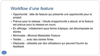 Workflow d’une feature
23
 Opportunité : idée de feature qui présente une opportunité pour le
produit
 Prévue pour la release : l’étude d’opportunité a abouti, et la feature
est prévue pour la release en cours
 En affinage : initialement sous forme d’épique, est décomposée en
stories
 Minimisée : Minimal Maketable Feature
 Testée : … avec des stories finies
 Déployée : utilisable par des utilisateurs qui peuvent fournir du
feedback
 