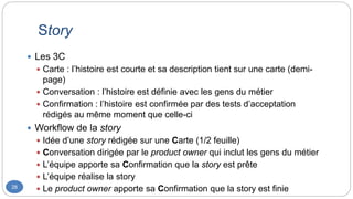 Story
28
 Les 3C
 Carte : l’histoire est courte et sa description tient sur une carte (demi-
page)
 Conversation : l’histoire est définie avec les gens du métier
 Confirmation : l’histoire est confirmée par des tests d’acceptation
rédigés au même moment que celle-ci
 Workflow de la story
 Idée d’une story rédigée sur une Carte (1/2 feuille)
 Conversation dirigée par le product owner qui inclut les gens du métier
 L’équipe apporte sa Confirmation que la story est prête
 L’équipe réalise la story
 Le product owner apporte sa Confirmation que la story est finie
 
