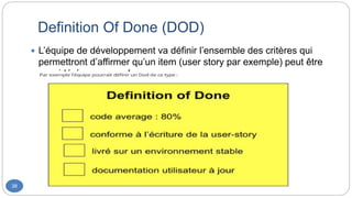Definition Of Done (DOD)
38
 L’équipe de développement va définir l’ensemble des critères qui
permettront d’affirmer qu’un item (user story par exemple) peut être
considéré comme « done ».
 
