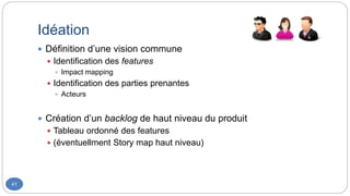 Idéation
41
 Définition d’une vision commune
 Identification des features
 Impact mapping
 Identification des parties prenantes
 Acteurs
 Création d’un backlog de haut niveau du produit
 Tableau ordonné des features
 (éventuellment Story map haut niveau)
 