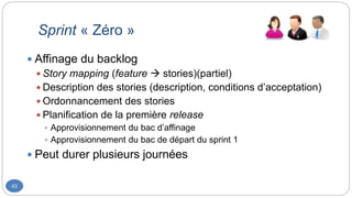 Sprint « Zéro »
43
 Affinage du backlog
 Story mapping (feature  stories)(partiel)
 Description des stories (description, conditions d’acceptation)
 Ordonnancement des stories
 Planification de la première release
 Approvisionnement du bac d’affinage
 Approvisionnement du bac de départ du sprint 1
 Peut durer plusieurs journées
 