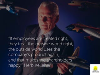“If employees are treated right,
they treat the outside world right,
the outside world uses the
company’s product again,
and that makes the shareholders
happy.“ Herb Kelleher
 