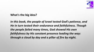 What's the big idea?
In this book, the people of Israel tested God’s patience, and
He in turn tested their endurance and faithfulness. Though
the people failed many times, God showed His own
faithfulness by His constant presence leading the way:
through a cloud by day and a pillar of fire by night.
 