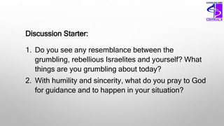 Discussion Starter:
1. Do you see any resemblance between the
grumbling, rebellious Israelites and yourself? What
things are you grumbling about today?
2. With humility and sincerity, what do you pray to God
for guidance and to happen in your situation?
 